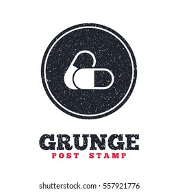 Grunge post stamp. Circle banner or label. Medical pills sign icon. Pharmacy medicine drugs symbol. Dirty textured web button. Vector