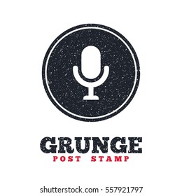 Grunge post stamp. Circle banner or label. Microphone icon. Speaker symbol. Live music sign. Dirty textured web button. Vector