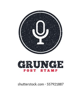 Grunge post stamp. Circle banner or label. Microphone icon. Speaker symbol. Live music sign. Dirty textured web button. Vector