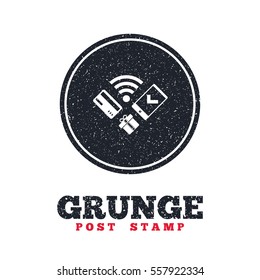 Grunge post stamp. Circle banner or label. Wireless mobile payments icon. Smartphone, credit card and gift symbol. Dirty textured web button. Vector