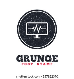 Grunge post stamp. Circle banner or label. Cardiogram monitoring sign icon. Heart beats symbol. Dirty textured web button. Vector