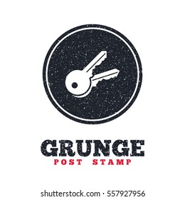 Grunge post stamp. Circle banner or label. Keys sign icon. Unlock tool symbol. Dirty textured web button. Vector