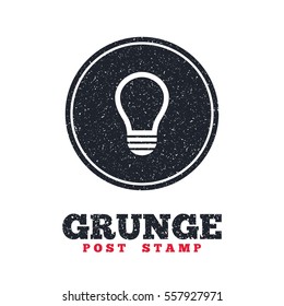 Grunge post stamp. Circle banner or label. Light lamp sign icon. Idea symbol. Dirty textured web button. Vector