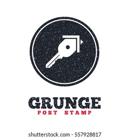 Grunge post stamp. Circle banner or label. Key from the house sign icon. Unlock tool symbol. Dirty textured web button. Vector