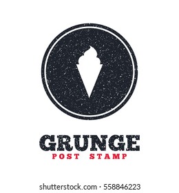 Grunge post stamp. Circle banner or label. Ice Cream in waffle cone sign icon. Sweet symbol. Dirty textured web button. Vector