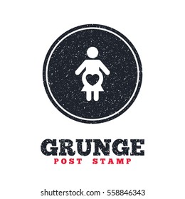 Grunge post stamp. Circle banner or label. Pregnant sign icon. Women Pregnancy symbol. Dirty textured web button. Vector