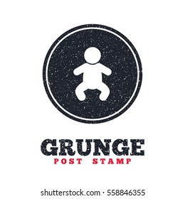 Grunge post stamp. Circle banner or label. Baby infant sign icon. Toddler boy in pajamas or crawlers body symbol. Child WC toilet. Dirty textured web button. Vector