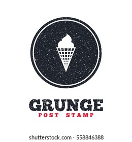 Grunge post stamp. Circle banner or label. Ice Cream in waffle cone sign icon. Sweet symbol. Dirty textured web button. Vector