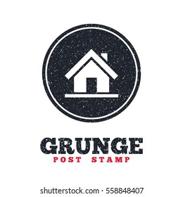 Grunge post stamp. Circle banner or label. Home sign icon. Main page button. Navigation symbol. Dirty textured web button. Vector