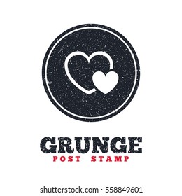 Grunge post stamp. Circle banner or label. Hearts sign icon. Love symbol. Dirty textured web button. Vector
