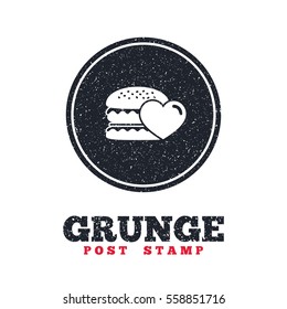 Grunge post stamp. Circle banner or label. Hamburger icon. Burger food symbol. Cheeseburger sandwich sign. Dirty textured web button. Vector