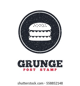 Grunge post stamp. Circle banner or label. Hamburger icon. Burger food symbol. Cheeseburger sandwich sign. Dirty textured web button. Vector