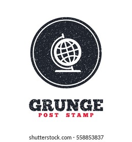Grunge post stamp. Circle banner or label. Globe sign icon. Geography symbol. Globe on stand for studying. Dirty textured web button. Vector