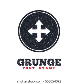 Grunge post stamp. Circle banner or label. Fullscreen sign icon. Arrows symbol. Icon for App. Dirty textured web button. Vector