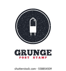 Grunge post stamp. Circle banner or label. Light bulb icon. Lamp G4 socket symbol. Led or halogen light sign. Dirty textured web button. Vector