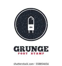 Grunge post stamp. Circle banner or label. Light bulb icon. Lamp G4 socket symbol. Led or halogen light sign. Dirty textured web button. Vector