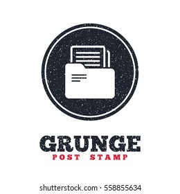 Grunge post stamp. Circle banner or label. Document folder sign. Accounting binder symbol. Bookkeeping management. Dirty textured web button. Vector
