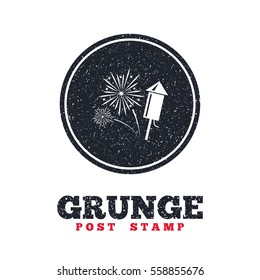Grunge post stamp. Circle banner or label. Fireworks with rocket sign icon. Explosive pyrotechnic symbol. Dirty textured web button. Vector