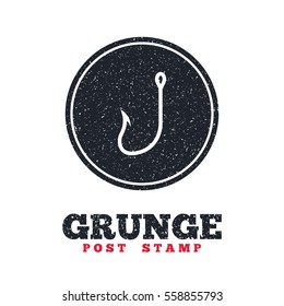 Grunge post stamp. Circle banner or label. Fishing hook sign icon. Fishermen tackle symbol. Dirty textured web button. Vector