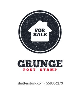 Grunge post stamp. Circle banner or label. For sale sign icon. Real estate selling. Dirty textured web button. Vector