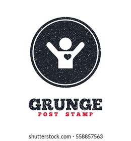 Grunge post stamp. Circle banner or label. Fans love icon. Man raised hands up sign. Dirty textured web button. Vector