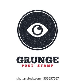 Grunge post stamp. Circle banner or label. Eye sign icon. Publish content button. Visibility. Dirty textured web button. Vector