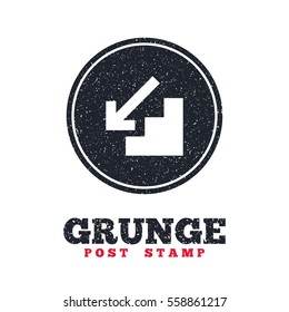 Grunge post stamp. Circle banner or label. Downstairs icon. Down arrow sign. Dirty textured web button. Vector