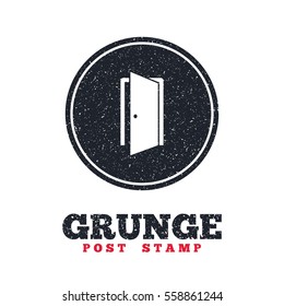 Grunge post stamp. Circle banner or label. Door sign icon. Enter or exit symbol. Internal door. Dirty textured web button. Vector