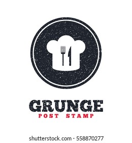 Grunge post stamp. Circle banner or label. Chef hat sign icon. Cooking symbol. Cooks hat with fork and knife. Dirty textured web button. Vector