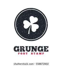 Grunge post stamp. Circle banner or label. Clover with three leaves sign icon. Trifoliate clover. Saint Patrick trefoil symbol. Dirty textured web button. Vector
