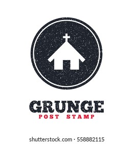 Grunge post stamp. Circle banner or label. Church icon. Christian religion symbol. Chapel with cross on roof. Dirty textured web button. Vector