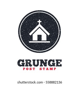 Grunge post stamp. Circle banner or label. Church icon. Christian religion symbol. Chapel with cross on roof. Dirty textured web button. Vector