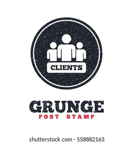 Grunge post stamp. Circle banner or label. Clients sign icon. Group of people symbol. Dirty textured web button. Vector