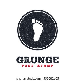 Grunge post stamp. Circle banner or label. Child footprint sign icon. Toddler barefoot symbol. Dirty textured web button. Vector