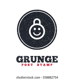 Grunge post stamp. Circle banner or label. Child lock icon. Locker with smile symbol. Child protection. Dirty textured web button. Vector