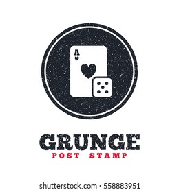 Grunge post stamp. Circle banner or label. Casino sign icon. Playing card with dice symbol. Dirty textured web button. Vector