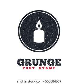 Grunge post stamp. Circle banner or label. Candle sign icon. Fire symbol. Dirty textured web button. Vector