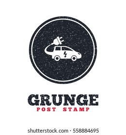 Grunge post stamp. Circle banner or label. Electric car sign icon. Hatchback symbol. Electric vehicle transport. Dirty textured web button. Vector