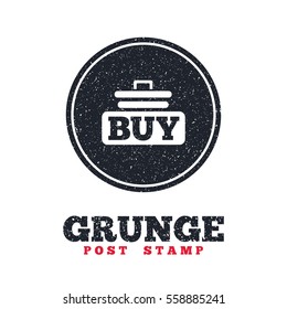 Grunge post stamp. Circle banner or label. Buy sign icon. Online buying cart button. Dirty textured web button. Vector
