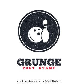 Grunge post stamp. Circle banner or label. Bowling game sign icon. Ball with pin skittle symbol. Dirty textured web button. Vector
