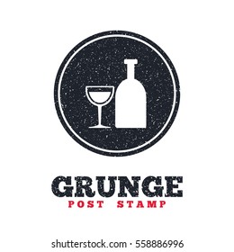 Grunge post stamp. Circle banner or label. Alcohol sign icon. Drink symbol. Bottle with glass. Dirty textured web button. Vector