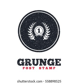 Grunge post stamp. Circle banner or label. First place award sign icon. Prize for winner symbol. Laurel Wreath. Dirty textured web button. Vector
