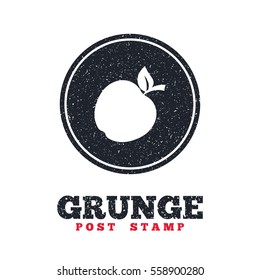 Grunge post stamp. Circle banner or label. Apple sign icon. Fruit with leaf symbol. Dirty textured web button. Vector
