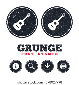 Grunge post stamps. Acoustic guitar sign icon. Music symbol. Information, download and printer signs. Aged texture web buttons. Vector