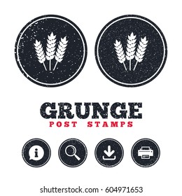 Grunge post stamps. Agricultural sign icon. Gluten free or No gluten symbol. Information, download and printer signs. Aged texture web buttons. Vector