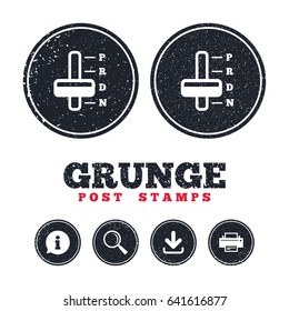 Grunge post stamps. Automatic transmission sign icon. Auto car control symbol. Information, download and printer signs. Aged texture web buttons. Vector