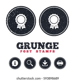 Grunge post stamps. Award medal icon. Best guarantee symbol. Winner achievement sign. Information, download and printer signs. Aged texture web buttons. Vector