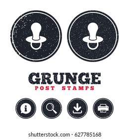 Grunge post stamps. Baby's dummy sign icon. Child pacifier symbol. Information, download and printer signs. Aged texture web buttons. Vector