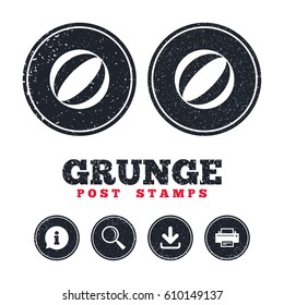 Grunge post stamps. Beach ball sign icon. Water ball. Information, download and printer signs. Aged texture web buttons. Vector