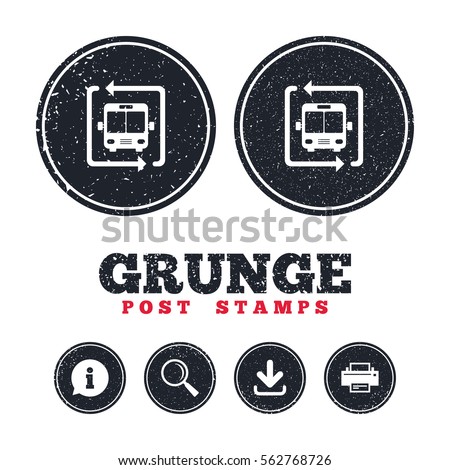 Grunge post stamps. Bus shuttle icon. Public transport stop symbol. Information, download and printer signs. Aged texture web buttons. Vector